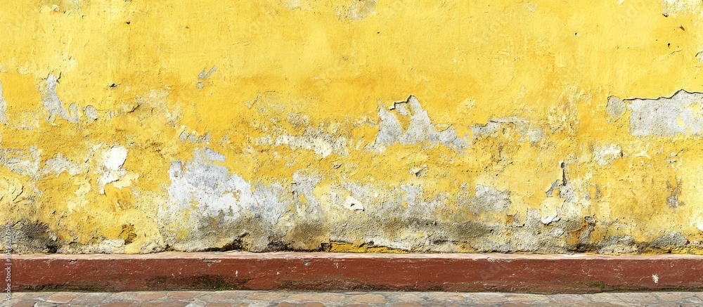 Aufkleber A worn yellow wall with peeling paint and a brown stripe along the bottom. with copy space image. Place for adding text or design