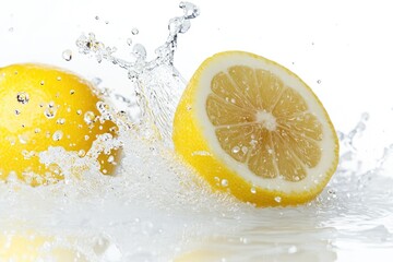 Fresh Lemon Water Splash. Isolated Citrus Fruit Juice Splashing on White Background