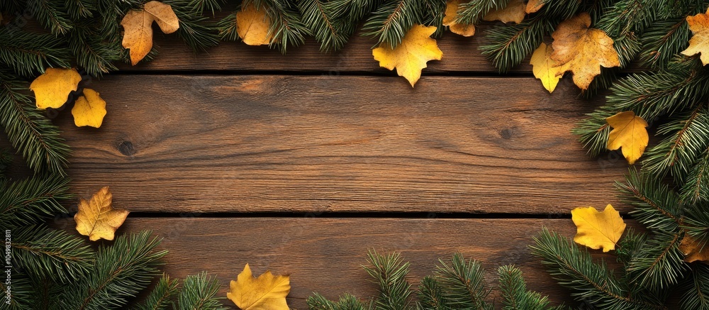 Leinwandbilder wooden autumn backdrop featuring fir needles and yellow leaves. with copy space image. place for add