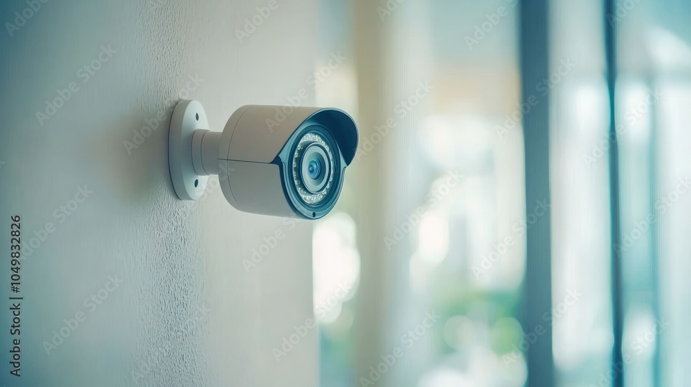 Poster A close-up of a modern home security camera mounted on a wall, showcasing its design and functionality