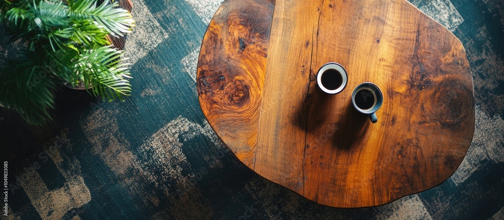 Poster an engaging top view photograph showcases the intricate wood grain details of a coffee table highlig