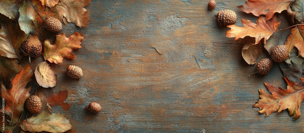 Fototapete autumn leaves and acorns on a weathered brown wooden surface with blank space. with copy space image