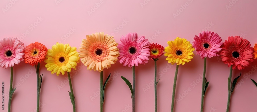 Aufkleber Vibrant and colorful gerbera flowers on a pink background arranged in a flat lay Room for text. with copy space image. Place for adding text or design