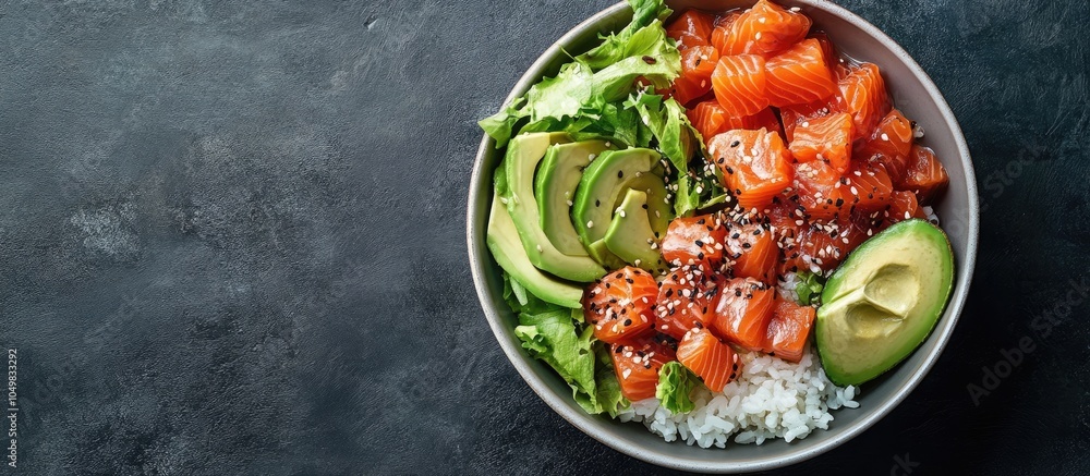 Poster traditional hawaiian poke salad featuring salmon avocado rice and vegetables served in a bowl for tw