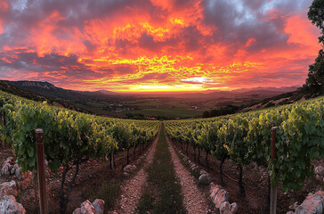 Fototapeta premium Grape field growing for wine. Vineyard hills. Summer scenery with wineyard rows 