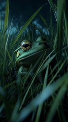 A frog nestled in tall grass under a moonlit sky, capturing a serene and natural nocturnal scene.