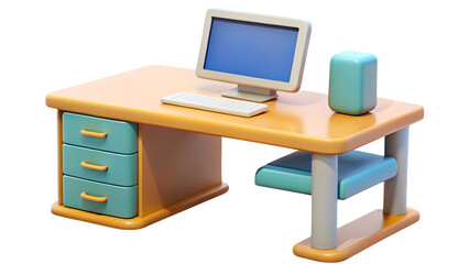 desk with computer plastic 3d icons in cartoon plastic style minimal isolated on transparent white background, clipping path