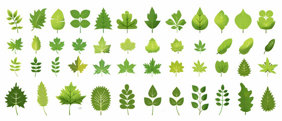 Set of simple vector green leaf icons, flat design, white background, simple shapes, 2D, PNG format, 30 different leaf icons. -