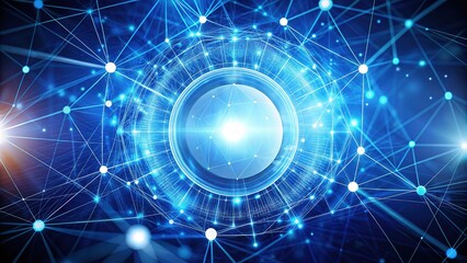 Fototapeta premium This abstract features a luminous blue digital network design, highlighting glowing lights and white circles, representing the themes of technology and innovation in a striking visual format.