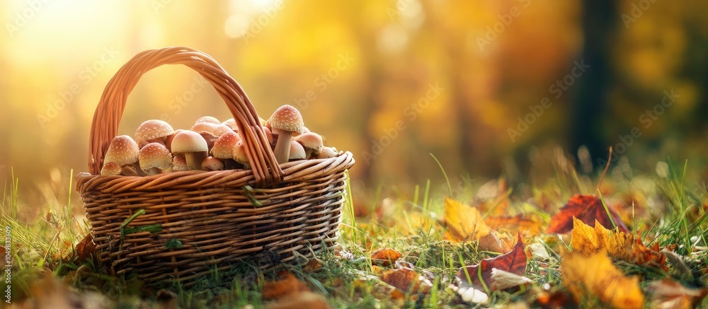 Poster wicker basket containing fungus in autumn grass with copy space for text