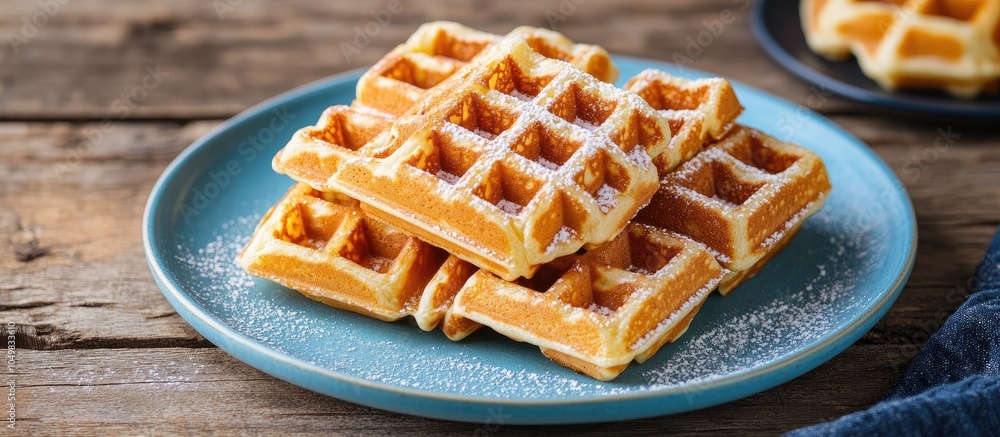 Fototapete homemade belgian waffles on a blue plate focused selection. with copy space image. place for adding 