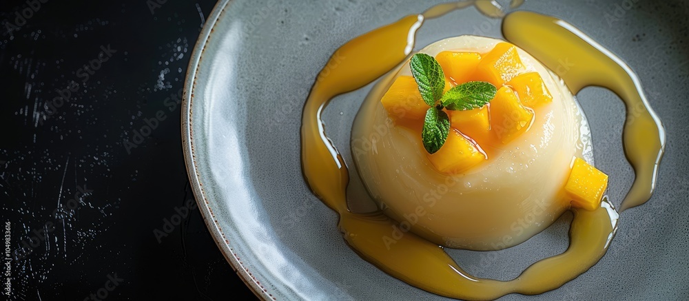 Leinwandbilder asian sweet mango and pudding on a plate. with copy space image. place for adding text or design