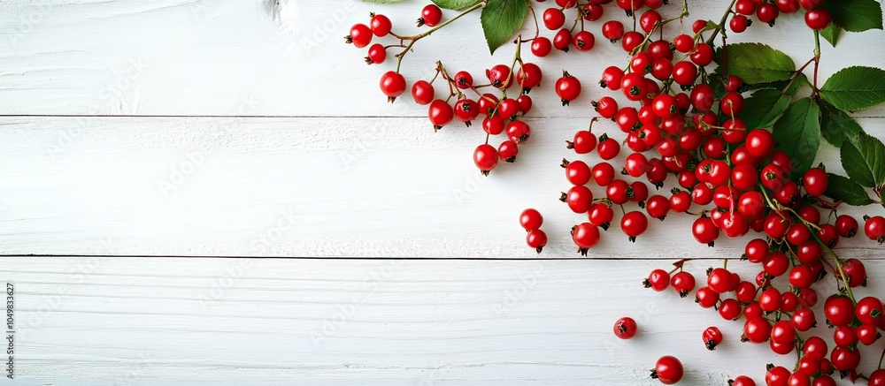 Aufkleber fresh ripe rowan berries on a white wooden table arranged flat room for text. with copy space image.