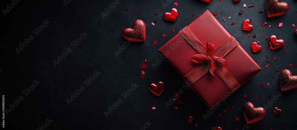 Poster Valentine s Day theme with candy hearts a red gift box on a black background Greeting card featuring space for text. with copy space image. Place for adding text or design
