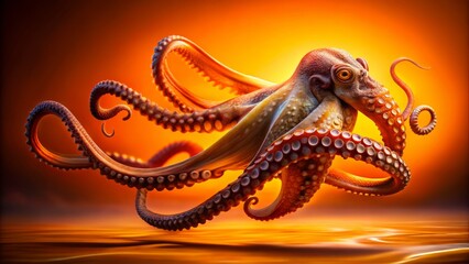 Octopus Design on Orange Background - Creative Long Exposure Art for Marine Life, Ocean, Nature 