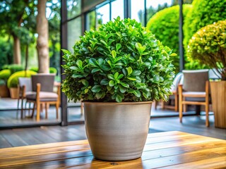 Fototapeta premium This contemporary potted plant showcases rich green foliage, ideal for brightening up any indoor or outdoor setting with its sleek and modern planter.