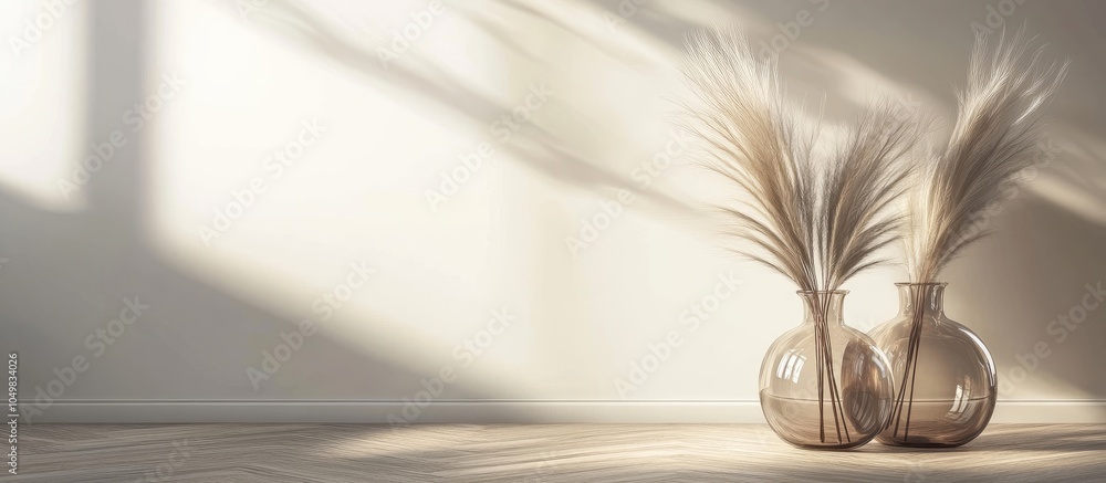 Fototapete two glass vases with ornamental feathers on a wooden floor and a white wall in the background close 