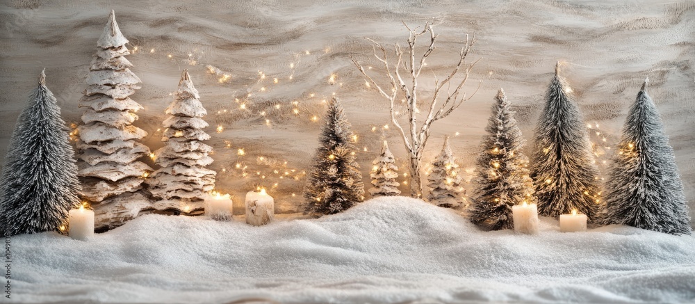 Poster Christmas decoration created from birch bark featuring artificial snow and trees. with copy space image. Place for adding text or design
