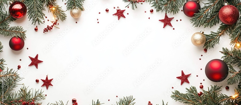Aufkleber Christmas arrangement Circular frame of Christmas tree branches with red and gold ornaments on a white background featuring red sparkly stars Flat lay top view copyspace