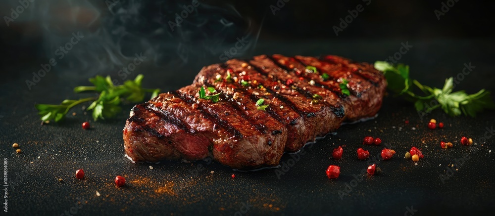 Leinwandbilder The grilled beef set against a dark background. with copy space image. Place for adding text or design
