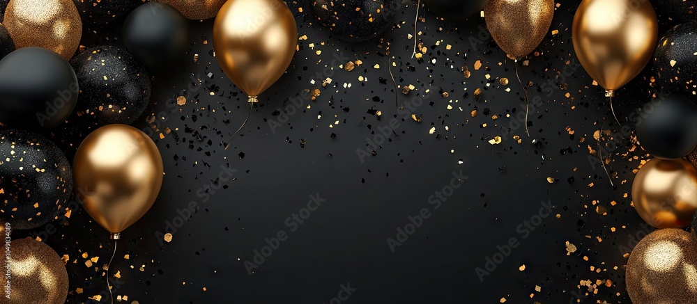 Poster Birthday party backdrop Gold and black colors Flat lay top view. with copy space image. Place for adding text or design