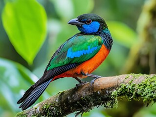 Obraz premium Panther Pitta Perched on a Branch with a Soft Natural Blur Background