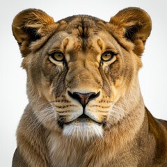 Obraz premium Majestic lioness portrait, golden fur, intense amber eyes, regal expression, detailed facial features, whiskers, ear tufts, soft lighting, high resolution, wildlife photography, serene background, Nat