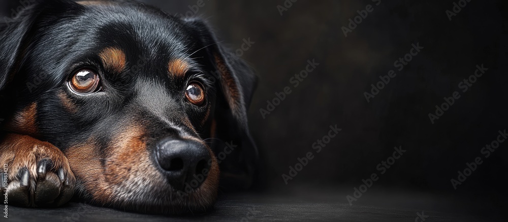Aufkleber dog rests with a sorrowful expression. with copy space image. Place for adding text or design