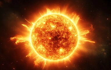 Obraz premium Zoomed-in view of the sun with erupting solar flares, intense orange and yellow tones radiating from its surface, and visible sunspots adding texture