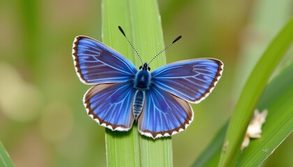  Beautiful blue butterfly perched on a blade of grass