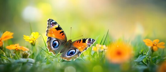 Close up view of a lepidoptera butterfly resting in its natural environment Yellow pansy junonia iphita butterfly Natural backdrop copyspace