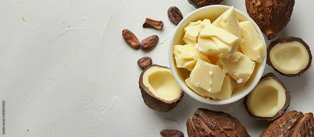 Poster cocoa butter for skincare white background top view copyspace