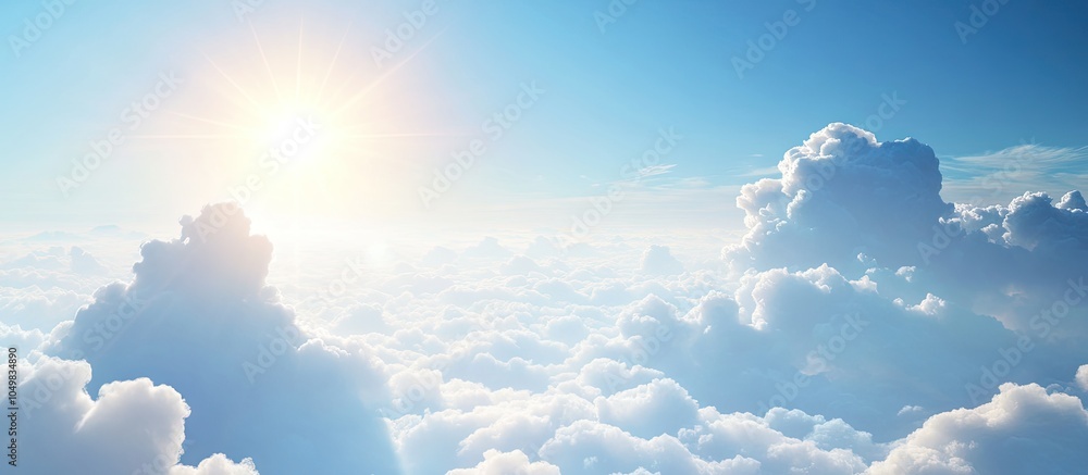 Poster bright sun shining against clear blue skies with fluffy white clouds. with copy space image. place f