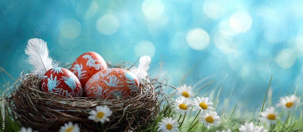 Poster Easter card featuring painted Easter eggs with feathers in a nest on green grass surrounded by daisies set against a blue blurred background. with copy space image. Place for adding text or design