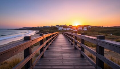 Fototapeta premium Walking towards the sunset on a wooden pier