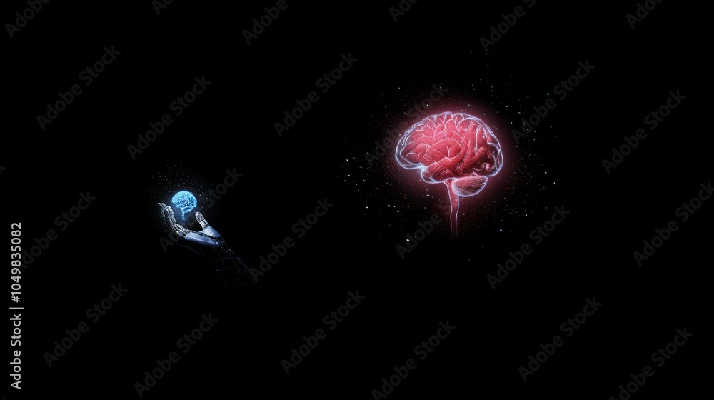 Poster artificial intelligence and human brain merge. close-up ai robot holds ai brain with open hand. arti