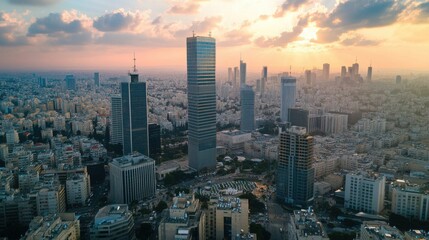 An aerial view of Tel Aviv financial district with skyscrapers and trading centers.