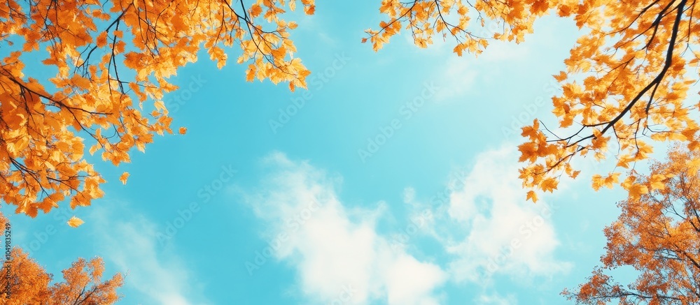 Poster autumn foliage set against the blue sky autumn backdrop vibrant tree canopy contrasted with the blue