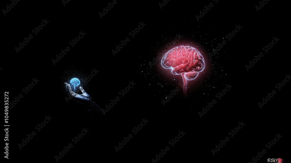 Poster artificial intelligence and human brain merge. close-up ai robot holds ai brain with open hand. arti
