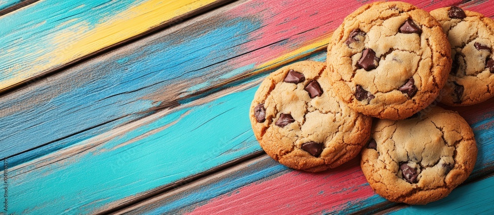 Poster delicious cookies on a colorful wooden surface. with copy space image. place for adding text or desi