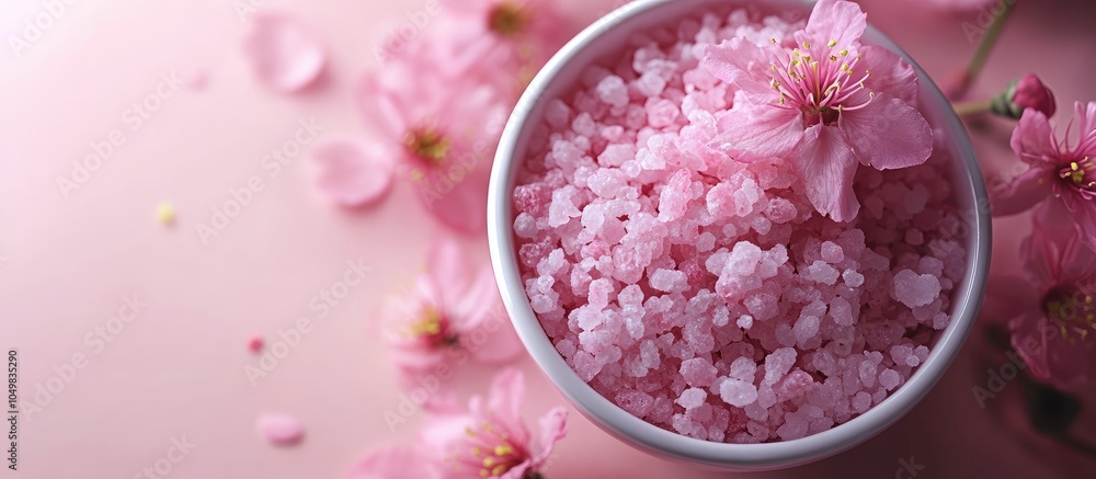 Poster pink blossoms and bath salts. with copy space image. place for adding text or design