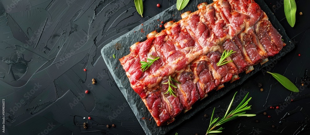 Aufkleber fresh rack of raw pork spare ribs seasoned with spices on a slate tray with leaves in the background