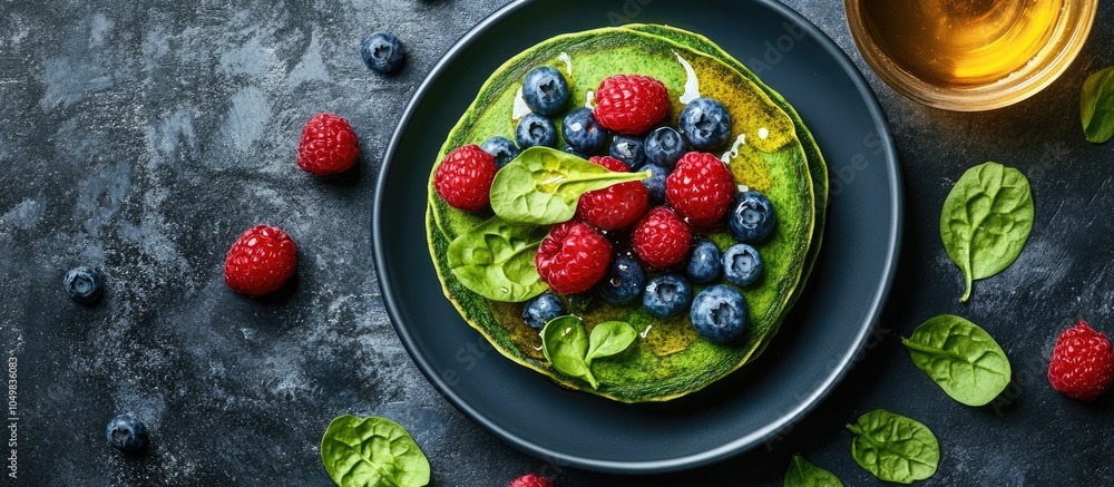 Poster nutritious green spinach pancakes topped with raspberries blueberries and honey for breakfast. with 