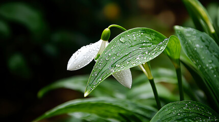 Two white snowdrop flowers with water drops on the leaves.