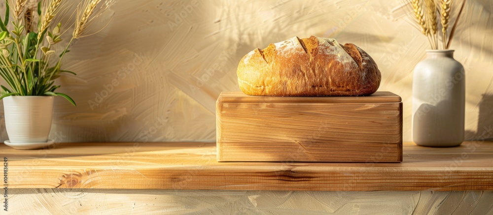 Poster a brown bread box on the table in the morning. with copy space image. place for adding text or desig