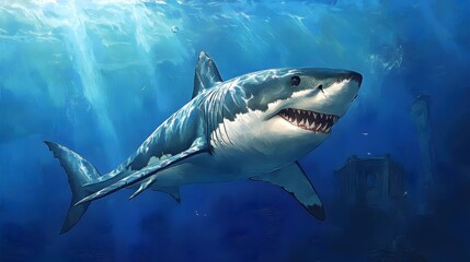 Fototapeta premium Great White Shark Swimming in the Deep Ocean