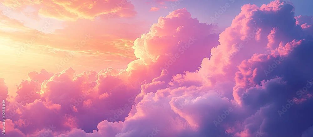 Aufkleber Red violet and orange sunset hues fill the overcast sky with fluffy clouds. with copy space image. Place for adding text or design
