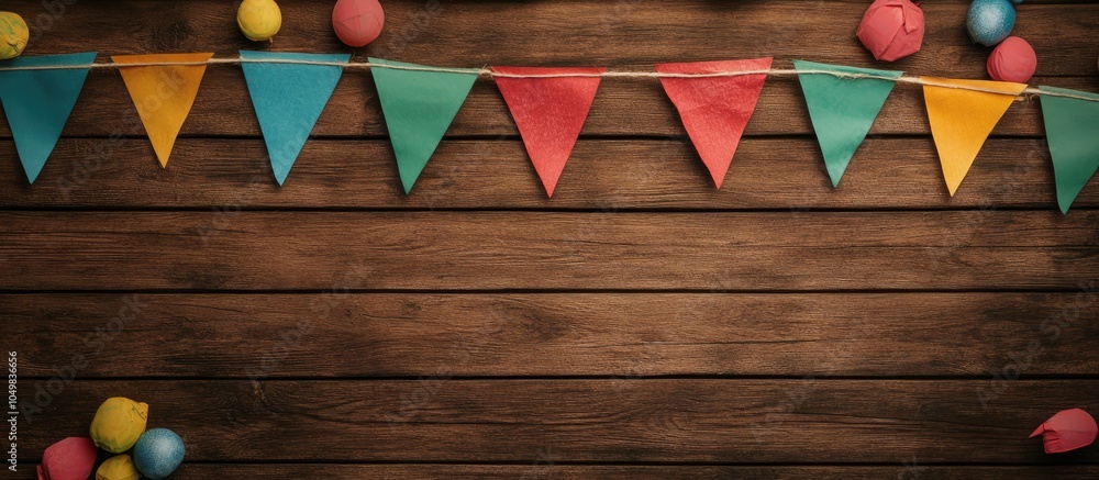 Poster small flags surrounding a wooden texture background with copy space