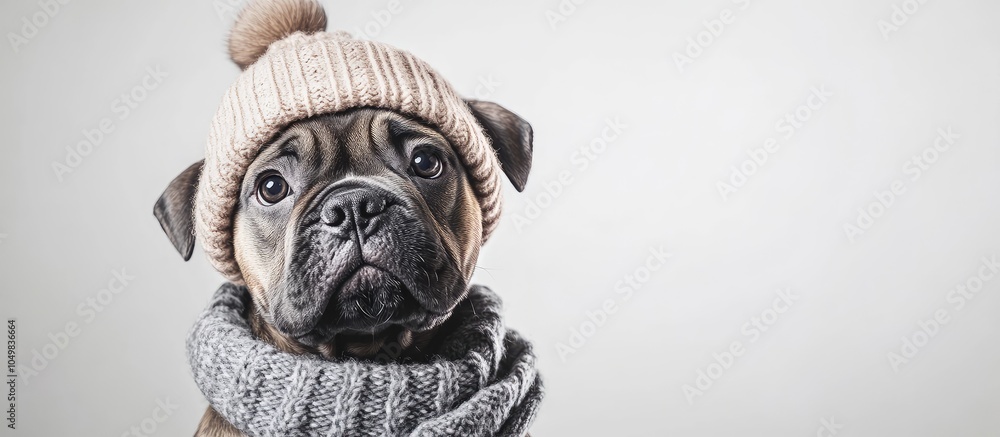 Poster A serious mastiff puppy in a cozy hat and scarf gazes up at a blank white board set against a white background. with copy space image. Place for adding text or design