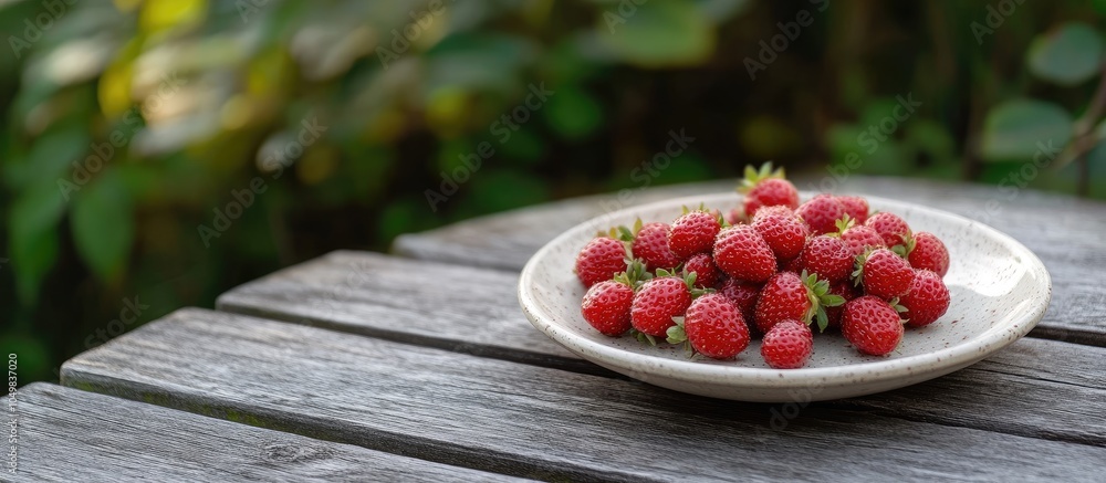 Poster ripe red wild strawberries on a plate on an outdoor wooden table. with copy space image. place for a